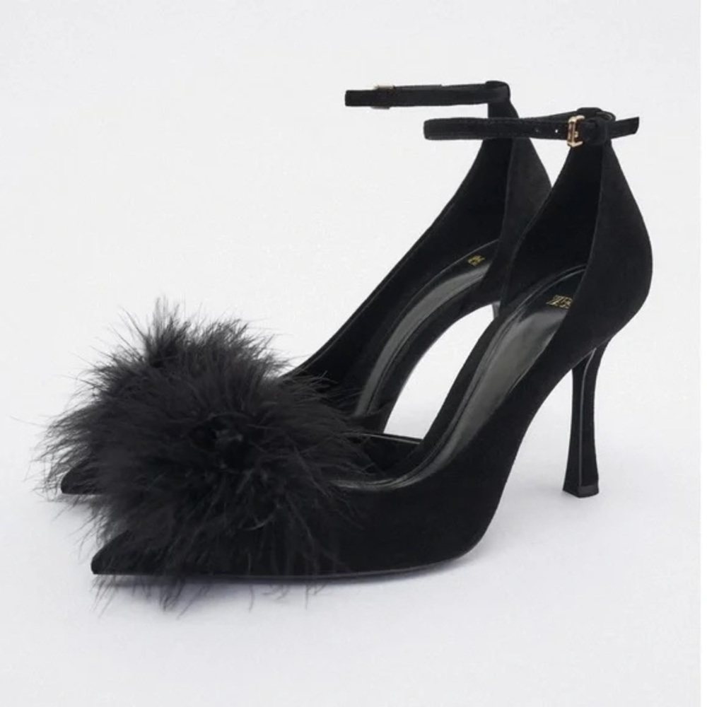 FEATHER TRIM LEATHER HEELS